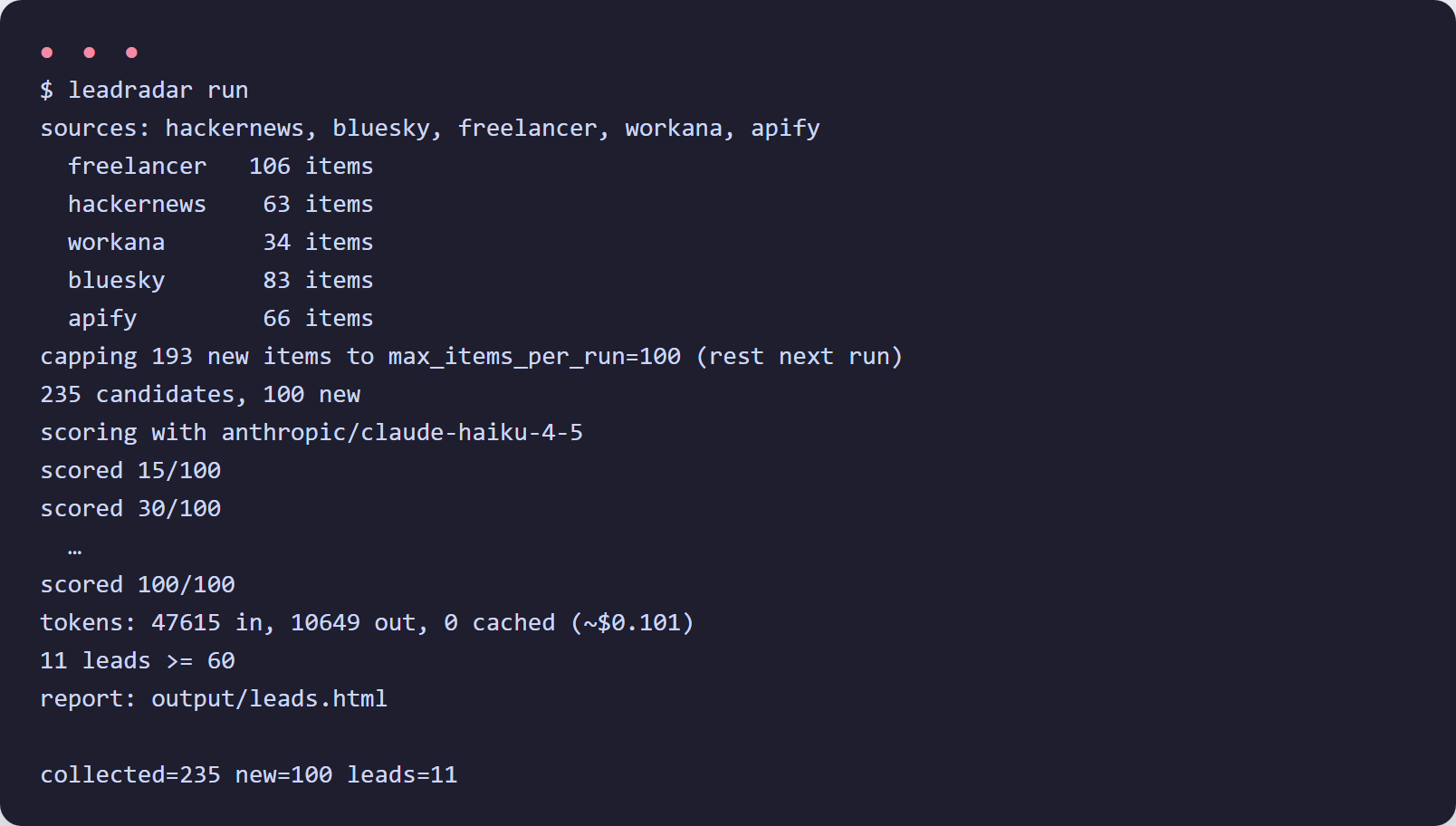 Terminal con la ejecución del buscador de oportunidades