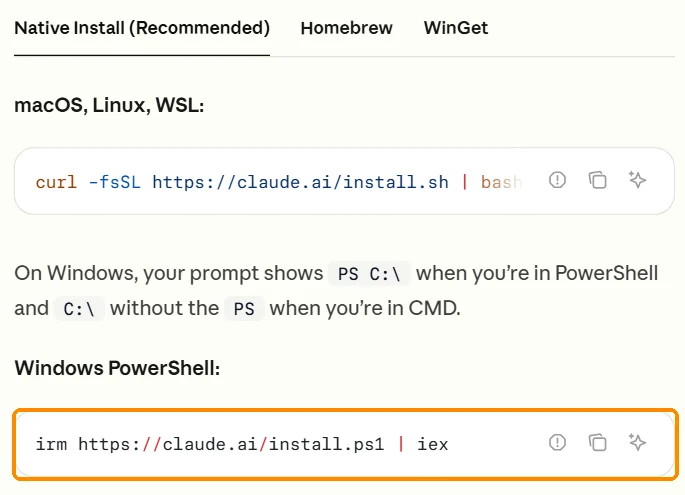 Documentación oficial de Claude Code con el comando de instalación para Windows PowerShell marcado