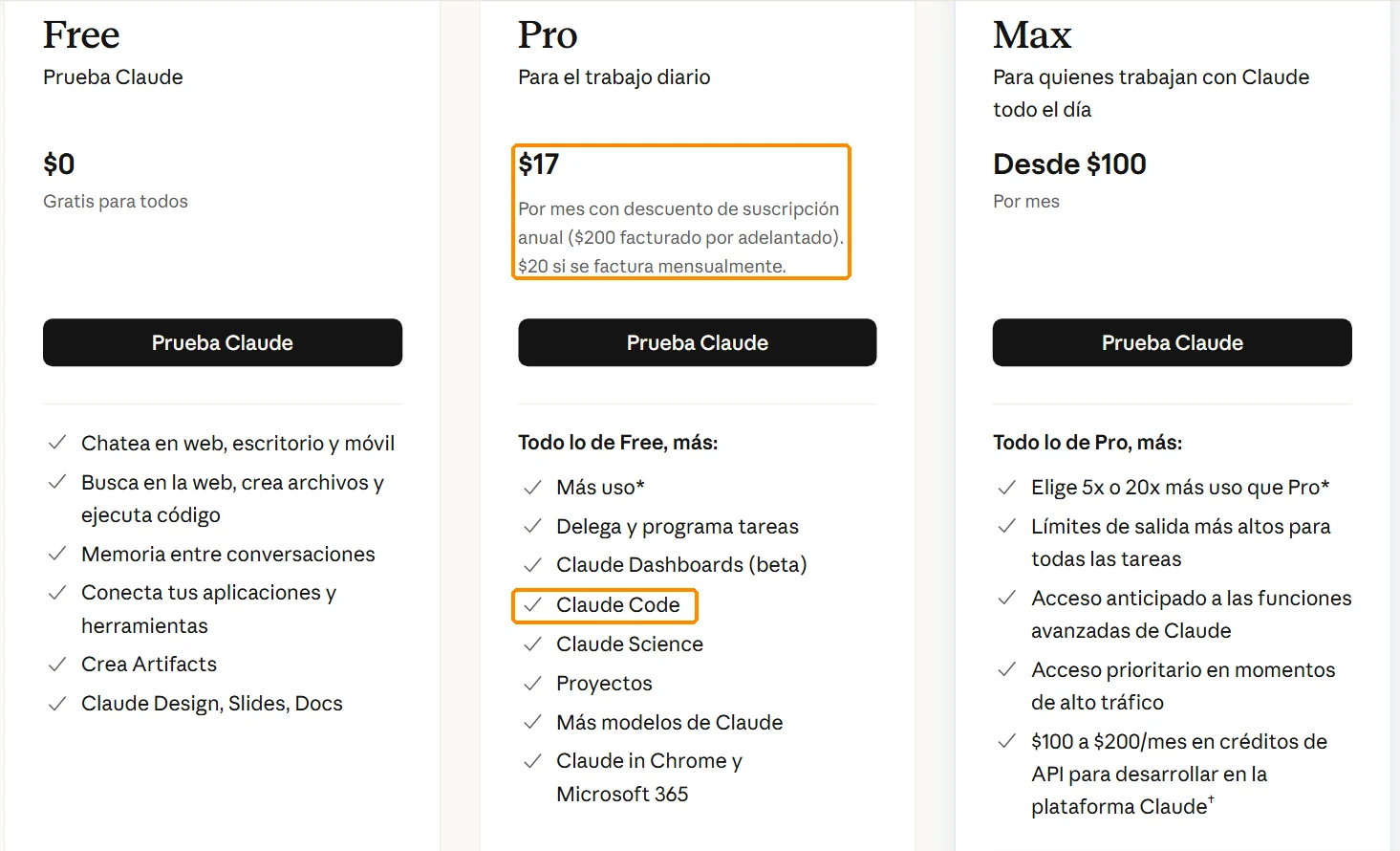 Página oficial de precios de Claude: Free 0 $, Pro 17 $ al mes pagando el año o 20 $ mes a mes con Claude Code incluido, Max desde 100 $