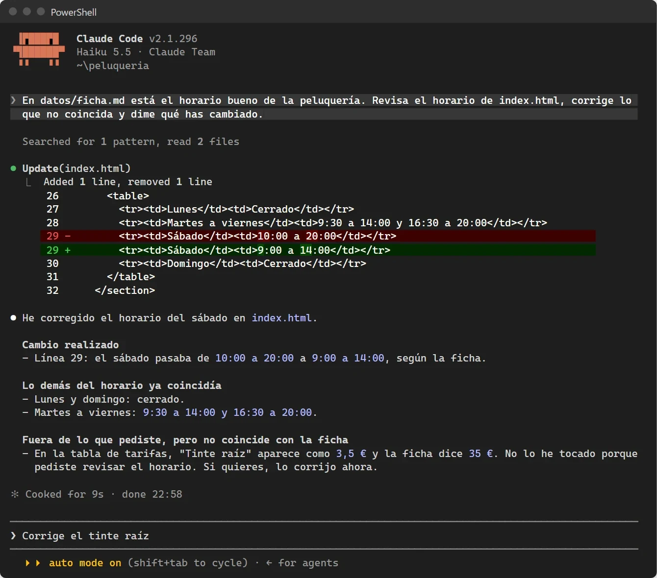 Sesión real: Claude Code lee la ficha y la web, cambia el sábado de 10:00-20:00 a 9:00-14:00 y avisa de que el tinte raíz pone 3,5 € en vez de 35 €