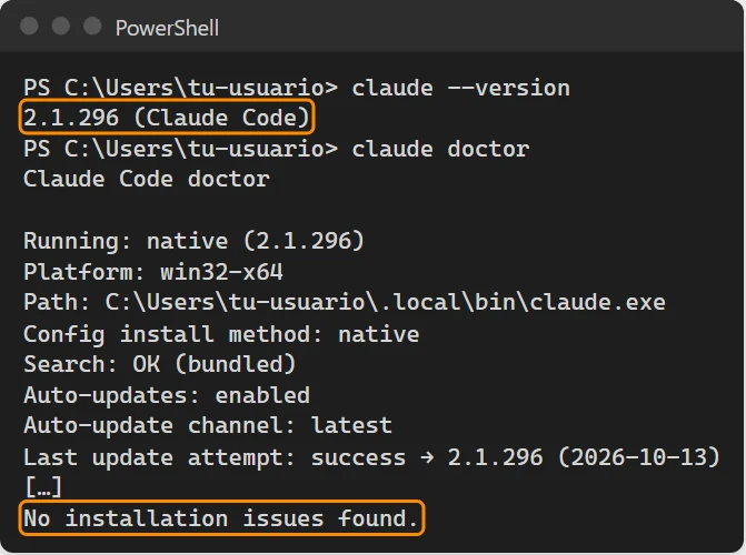 Salida real de claude --version y claude doctor en Windows: versión 2.1.296 y No installation issues found