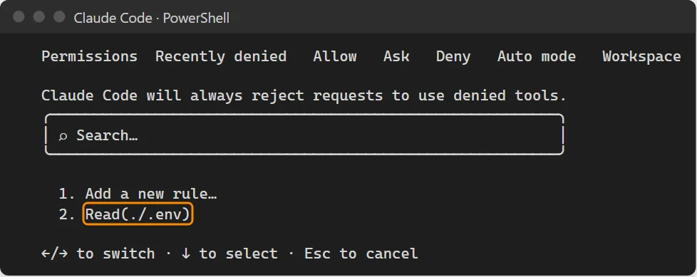 Pantalla real de /permissions en la pestaña Deny con la regla Read(./.env)