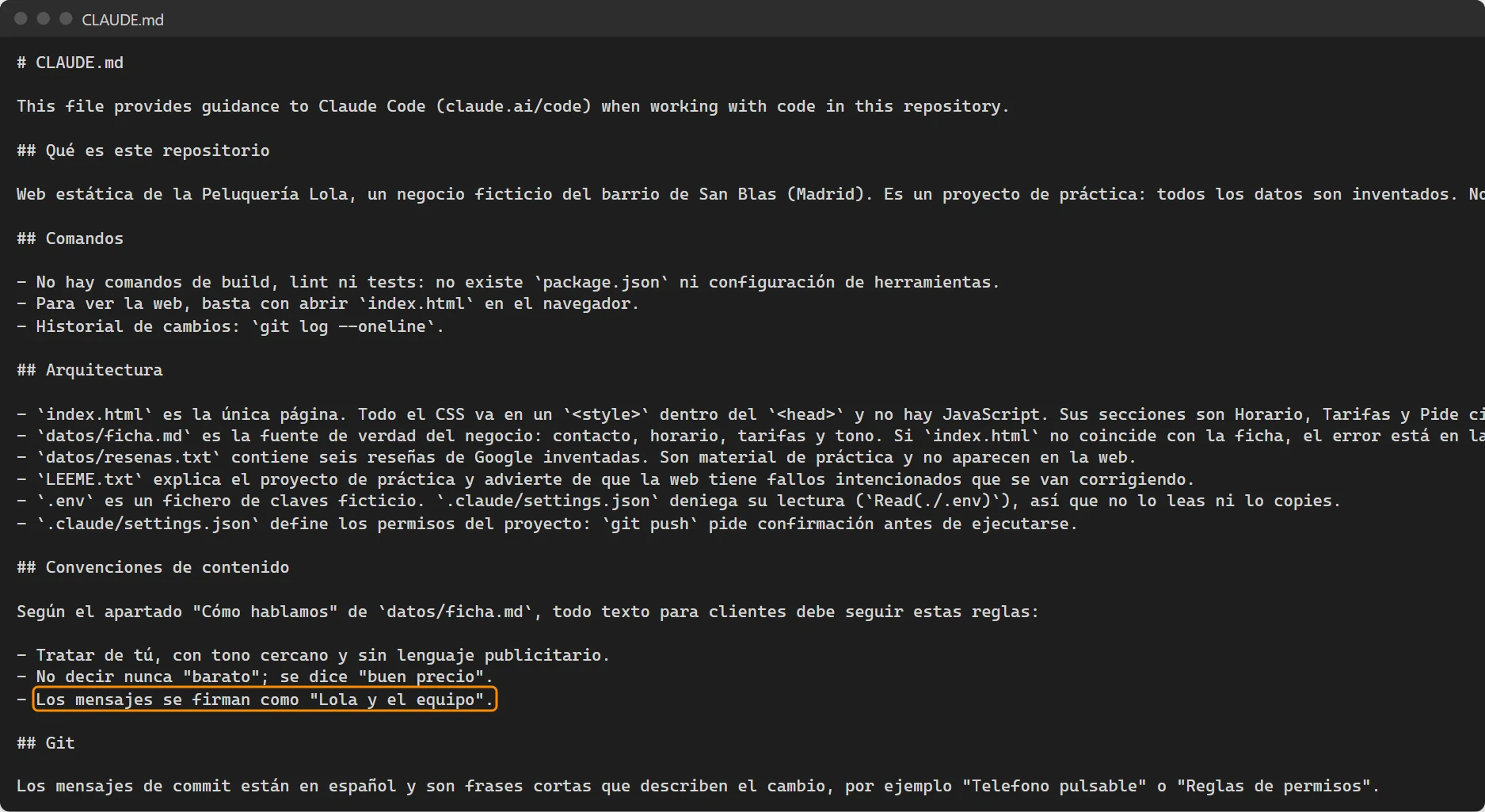 El CLAUDE.md real que generó /init para la peluquería, con qué es, comandos, arquitectura, convenciones de contenido y Git