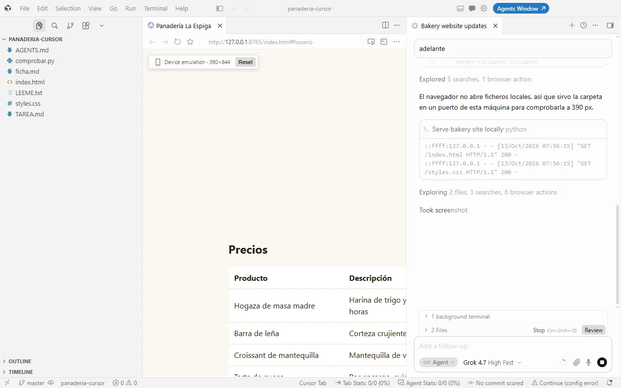 Cursor trabajando: navegador interno con la web a 390 px y el panel del agente sirviendo la carpeta en local para comprobarla
