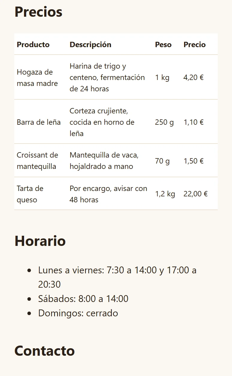La web a 390 px después de Cursor: la tabla de precios cabe entera y en Contacto aparece el botón Llamar