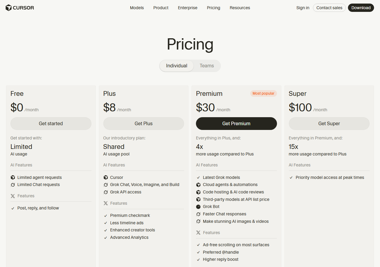 Página oficial de precios de Cursor consultada el 16-10-2026: Free 0 $, Plus 8 $, Premium 30 $ y Super 100 $ al mes