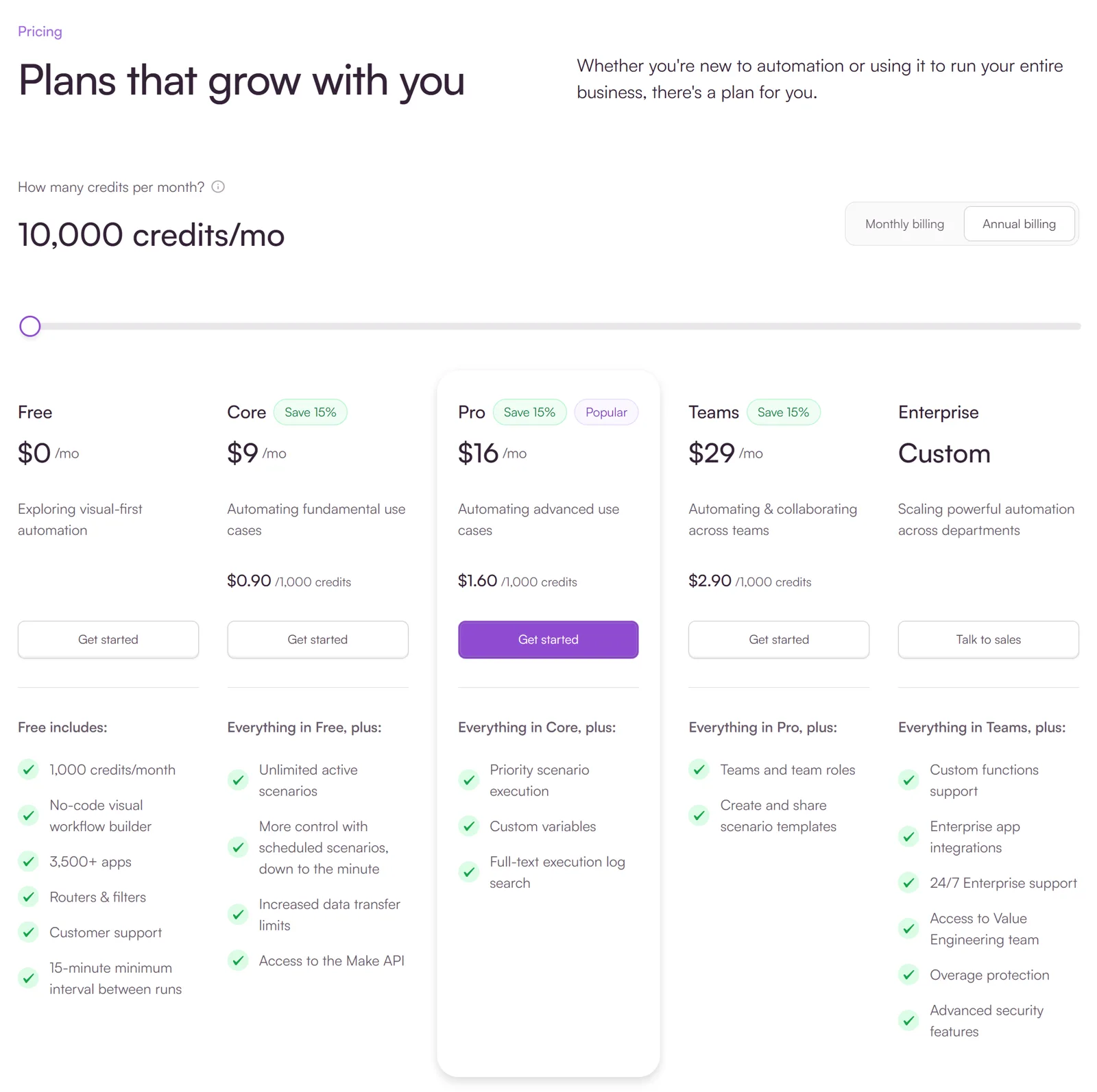 Página de precios de Make el 17 de octubre de 2026: Free 0 $ con 1.000 créditos al mes, Core 9 $, Pro 16 $, Teams 29 $ y Enterprise a medida, pagando el año, para 10.000 créditos al mes