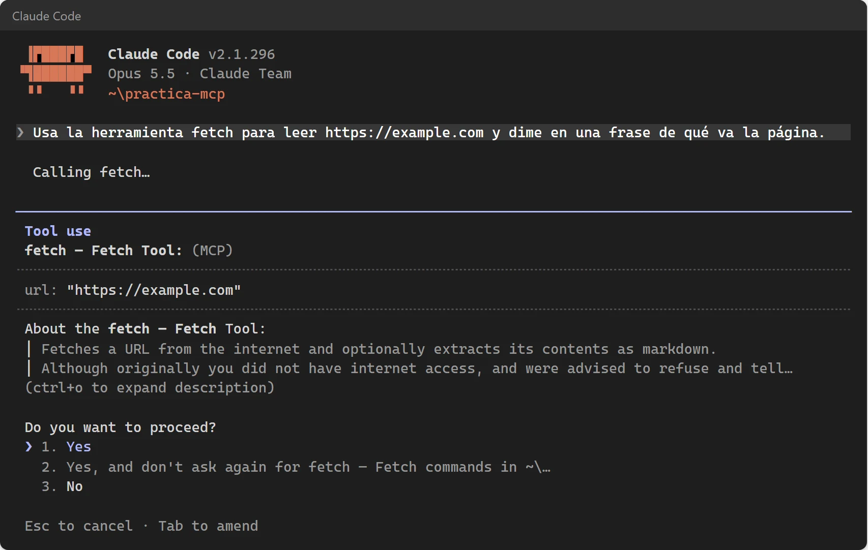 Petición de permiso real: fetch con url https://example.com y opciones Yes, Yes and don't ask again, No