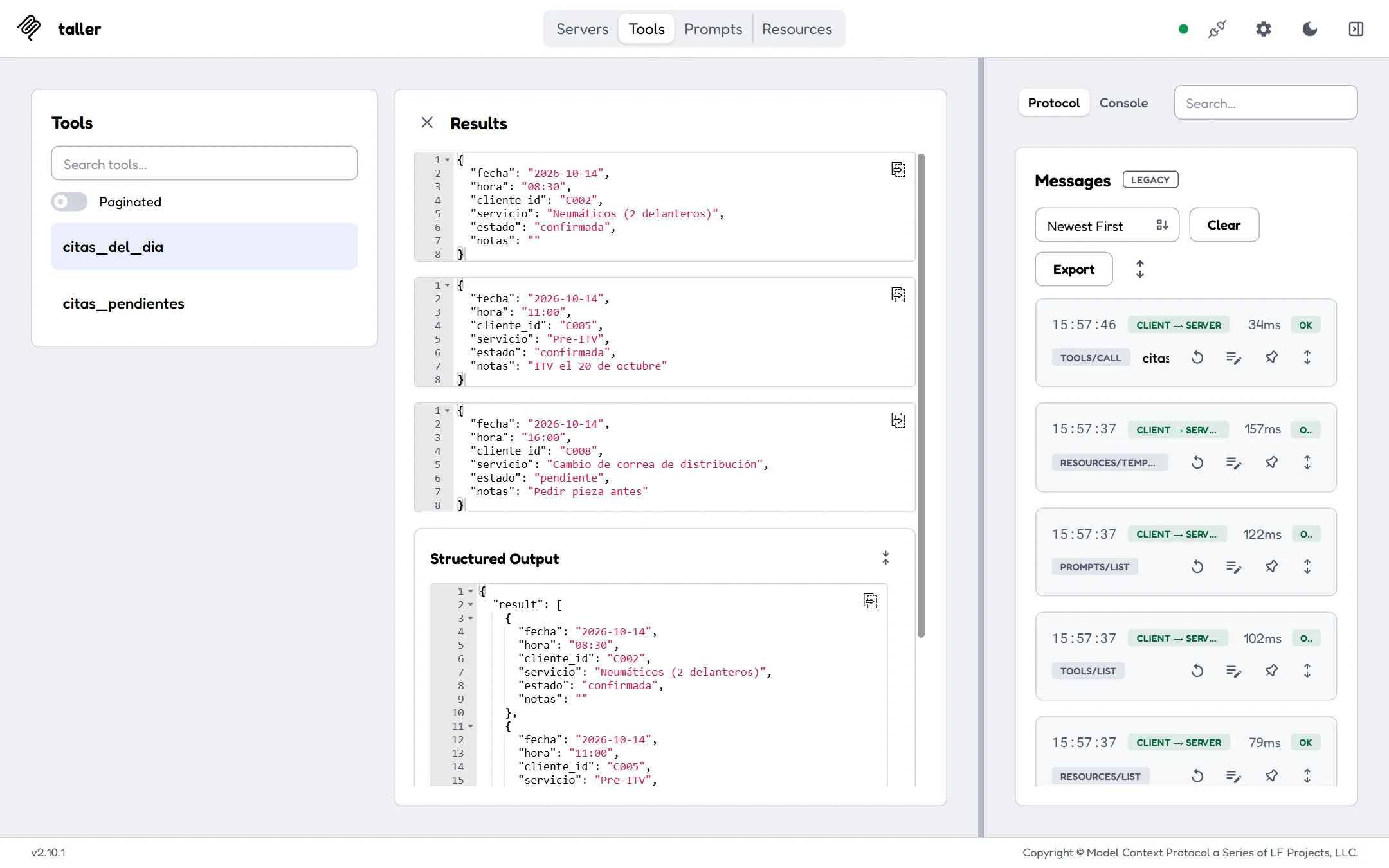 MCP Inspector real con el resultado de citas_del_dia y, a la derecha, los mensajes tools/list y tools/call