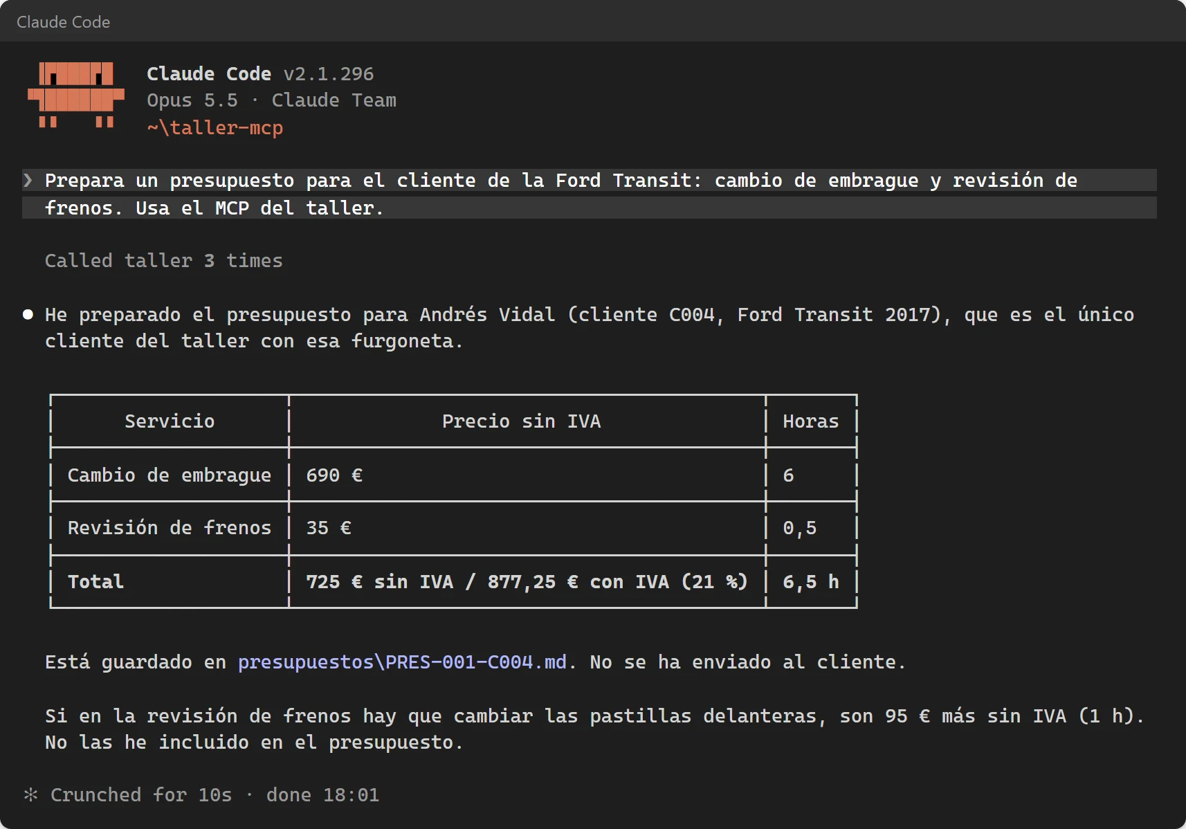 Presupuesto de un taller preparado con IA a partir de sus tarifas