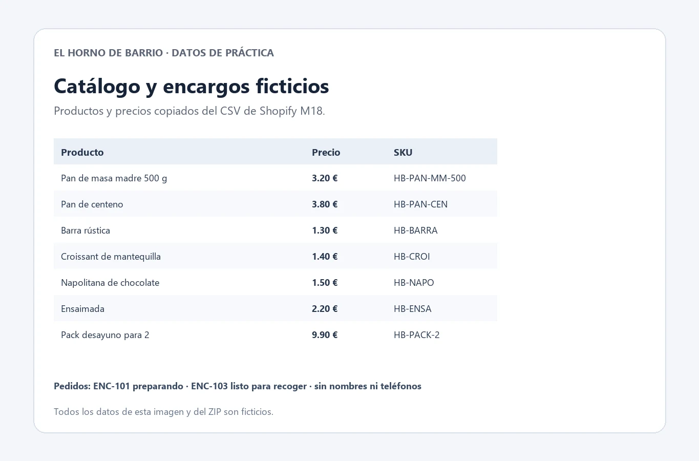 Catálogo ficticio de una panadería con productos, precios y referencias